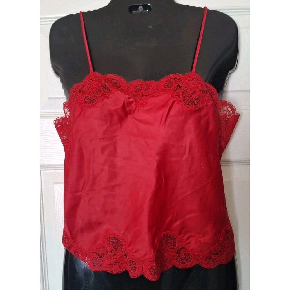 Vintage Christian Dior Camisole Top 1970s Small Red Satin Lace Trim Adjustable